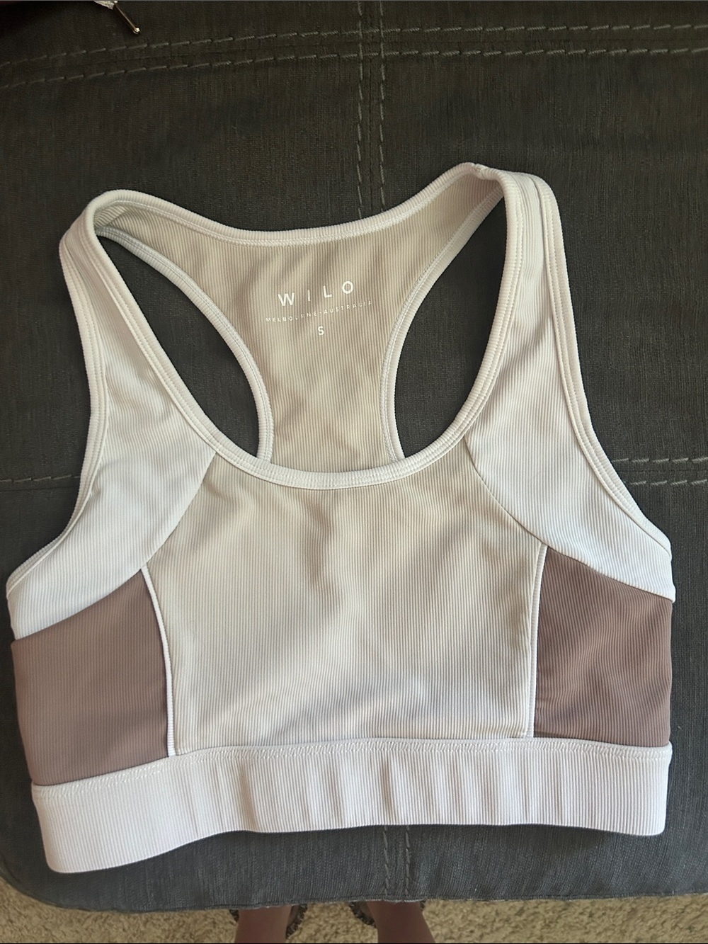 Willo Colorblock Racerback Sports Bra in White and Taupe